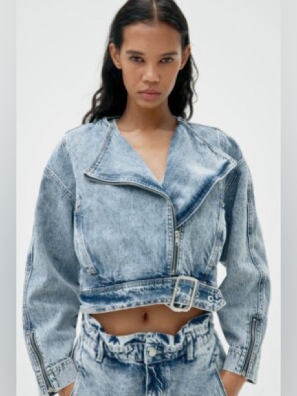 Zara Cropped Acid-Wash Denim Moto Jacket XS